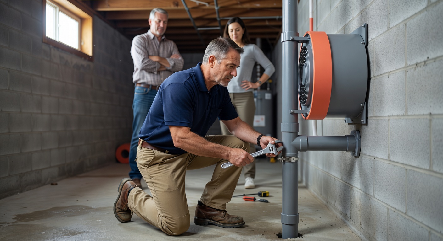radon mitigation fan pipe basement installation