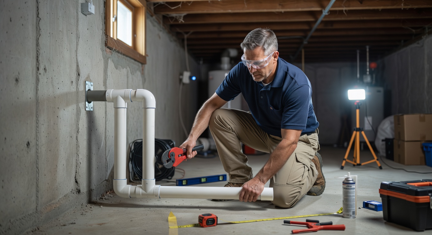 radon technician installing PVC pipe basement