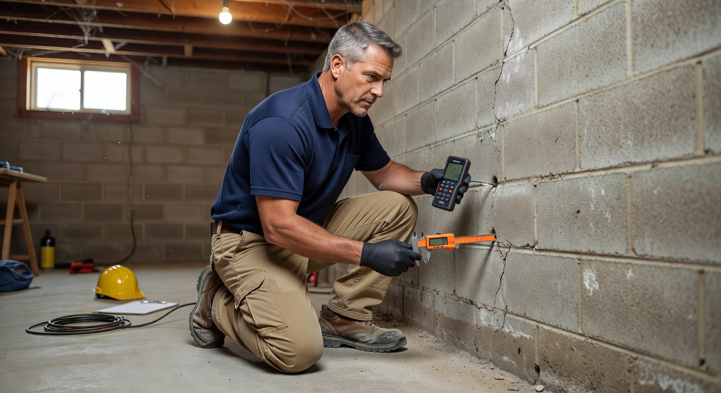 radon mitigation technician inspecting basement foundation