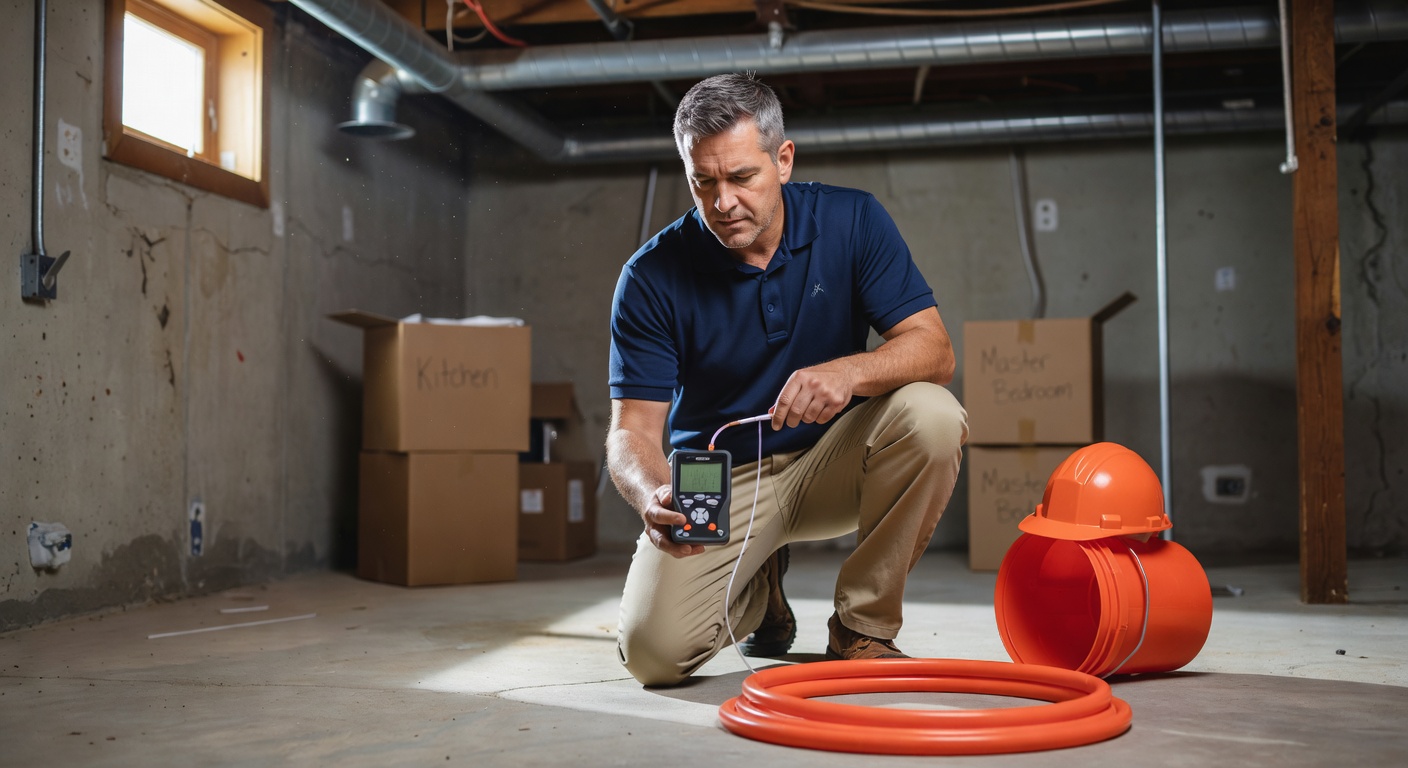 radon mitigation technician inspecting basement Ohio home