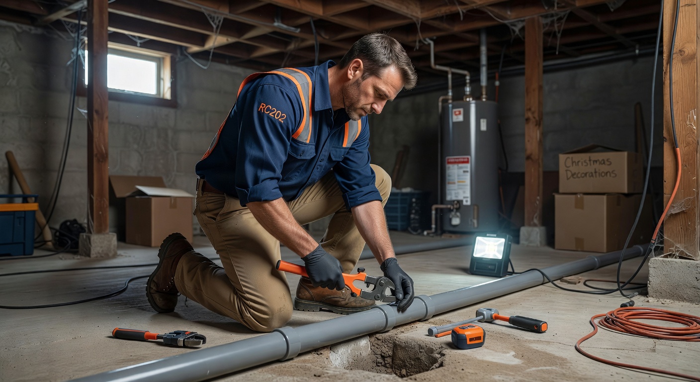licensed radon technician installing PVC pipe Ohio basement