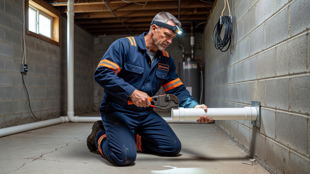 radon mitigation technician installing PVC pipe basement Ohio