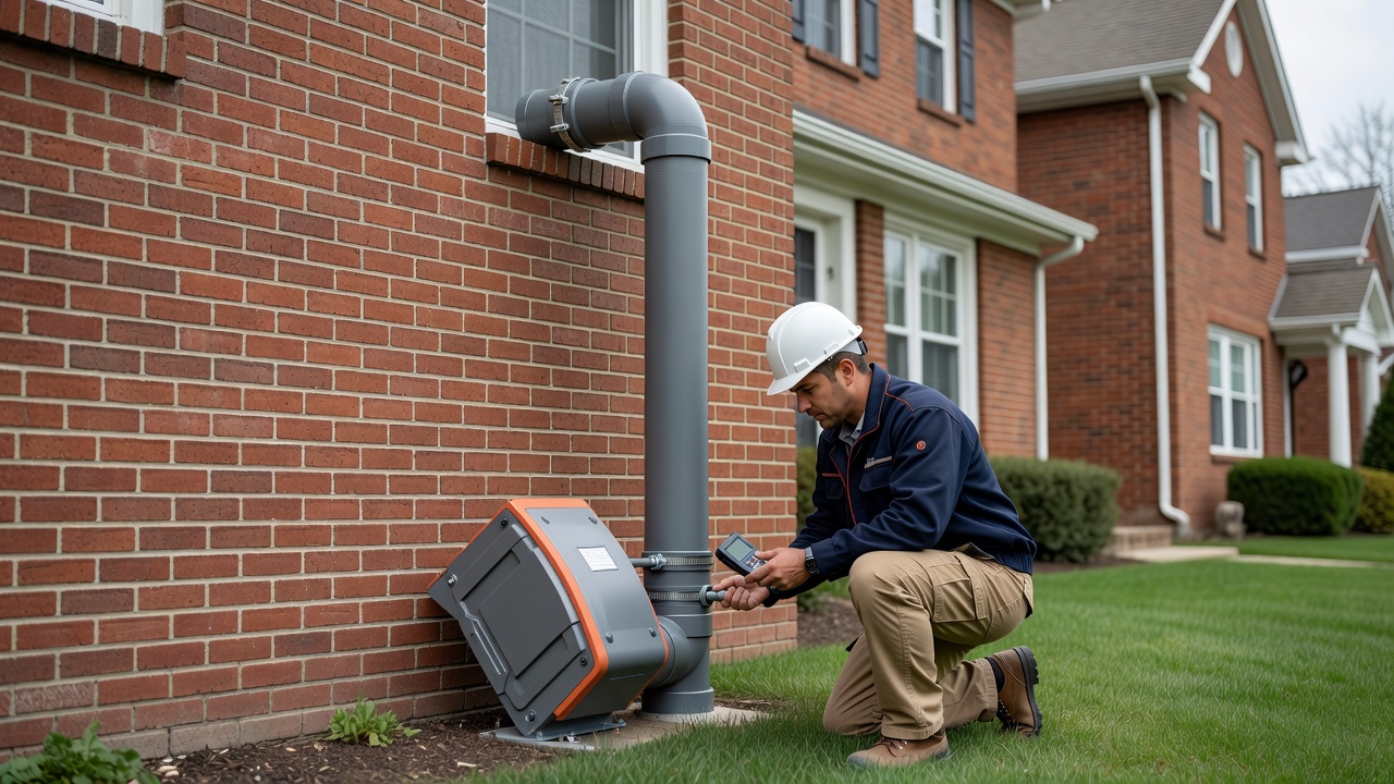radon mitigation pipe and fan exterior Ohio house