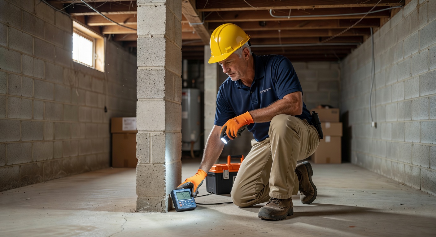 radon mitigation technician inspecting basement foundation