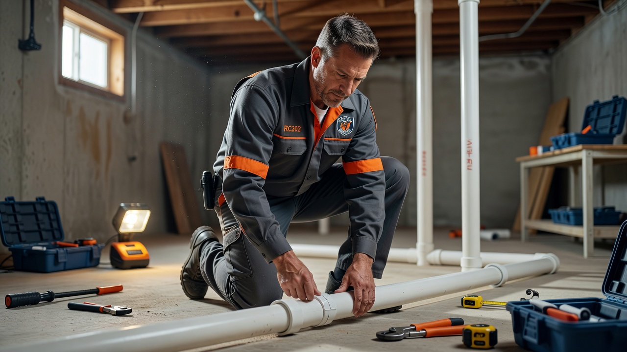 radon mitigation technician installing PVC vent pipe Ohio basement