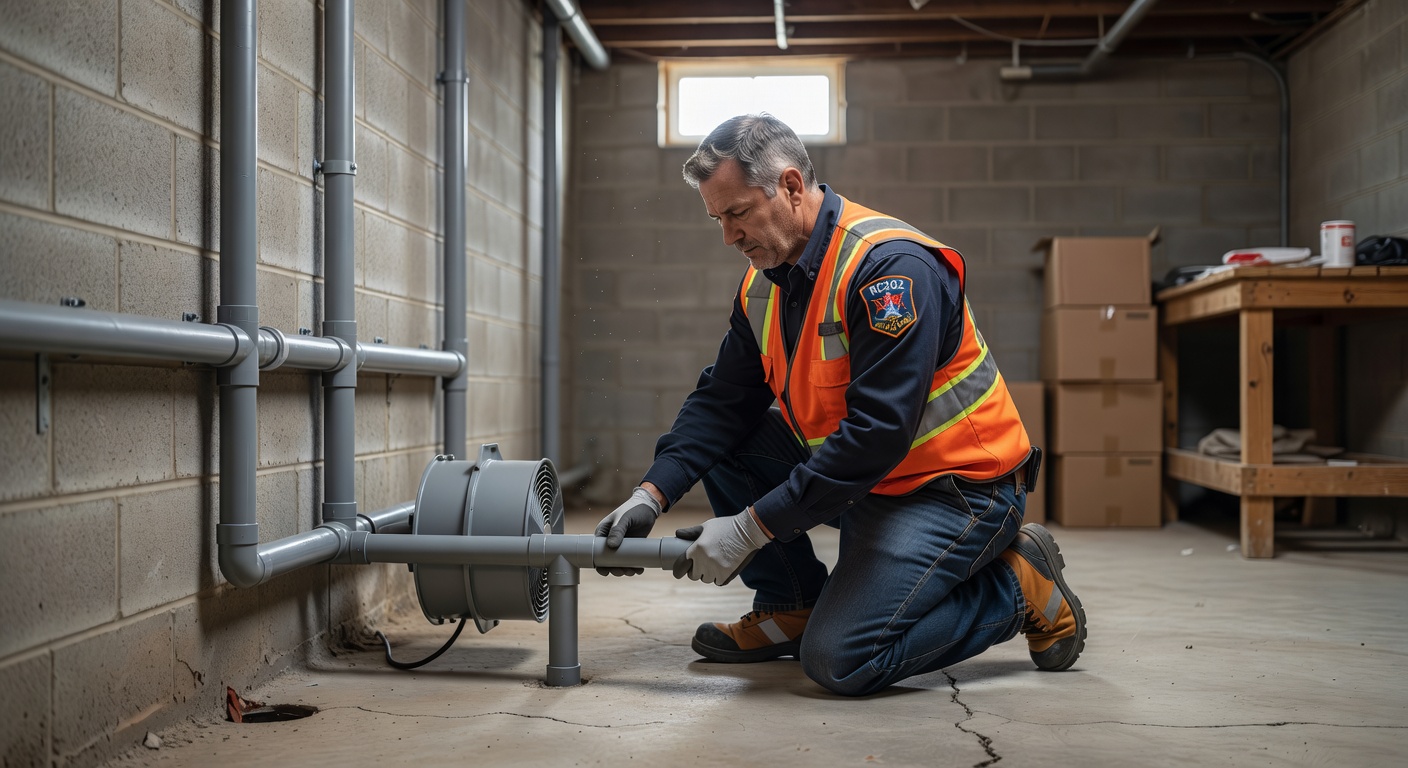 radon technician installing mitigation system Ohio basement