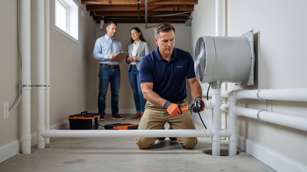 radon mitigation fan PVC pipe basement installation