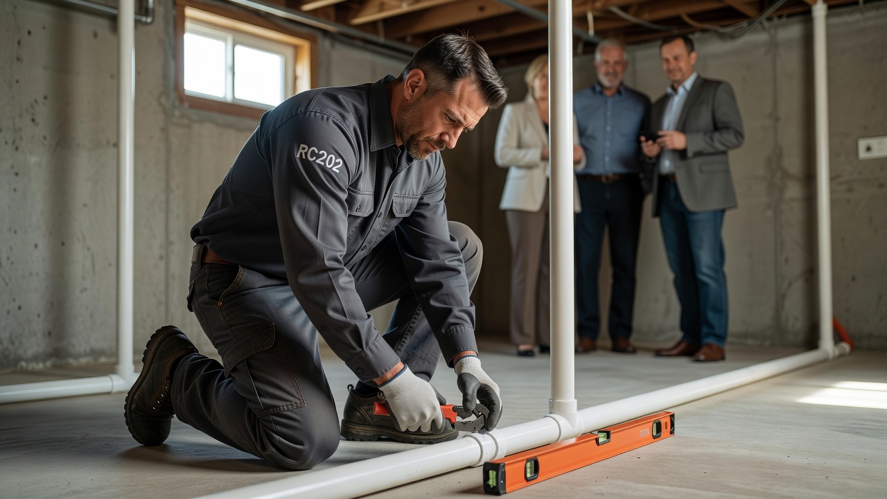radon mitigation technician installing PVC pipe Ohio home