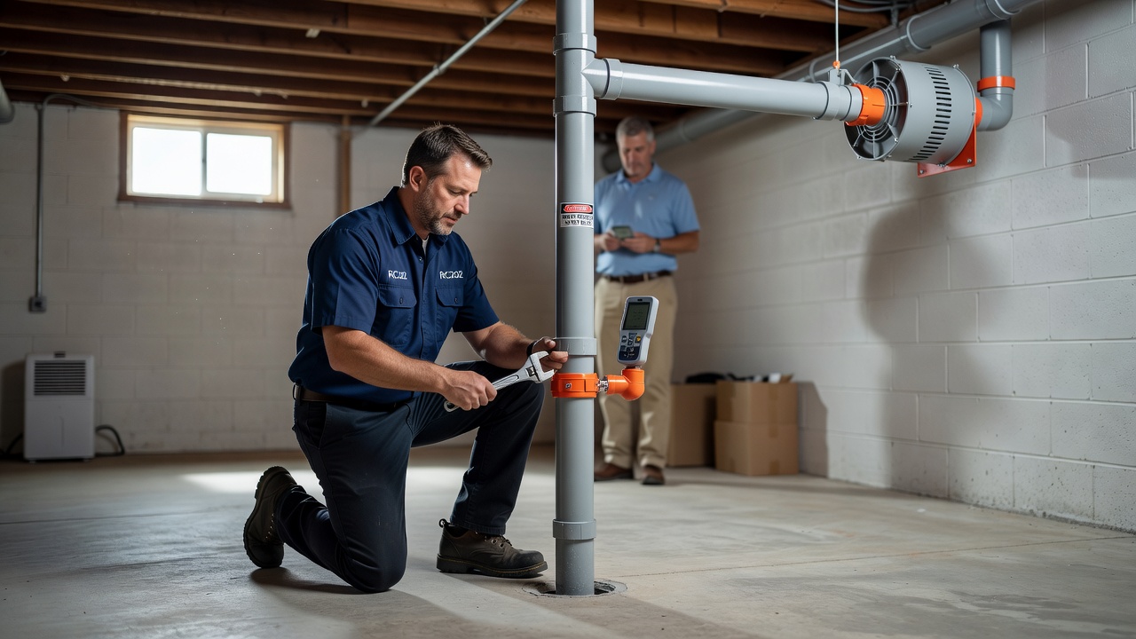 radon mitigation fan PVC pipe basement installation
