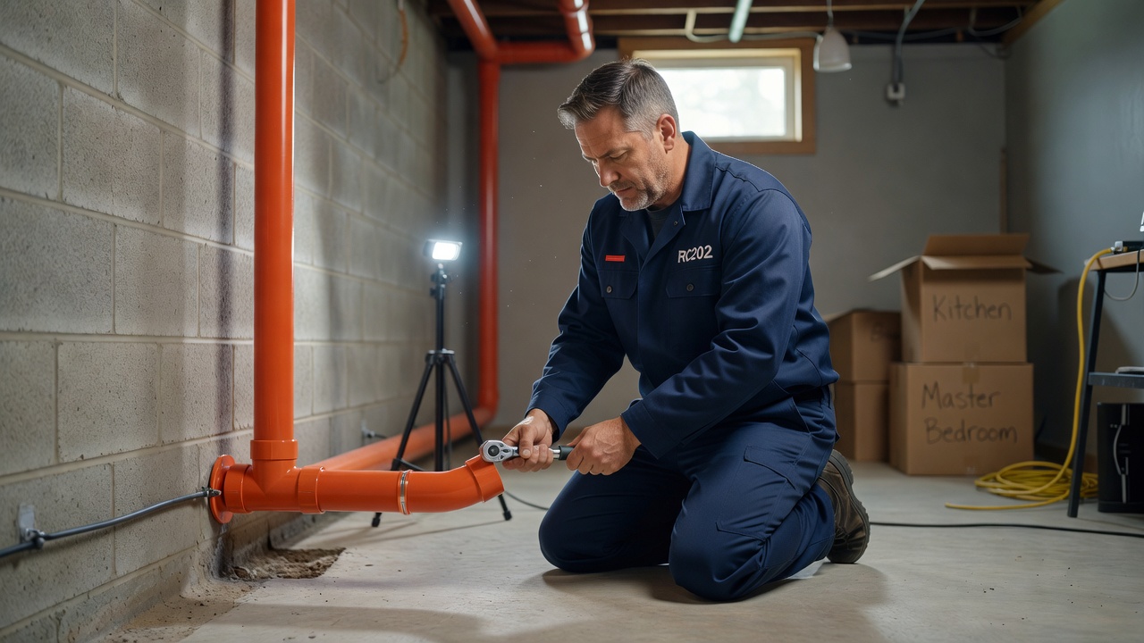 radon technician installing PVC mitigation pipe residential