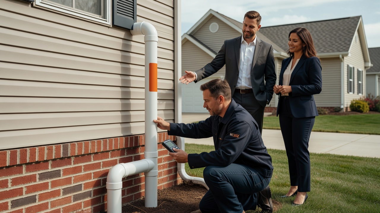 radon mitigation pipe roof vent suburban home