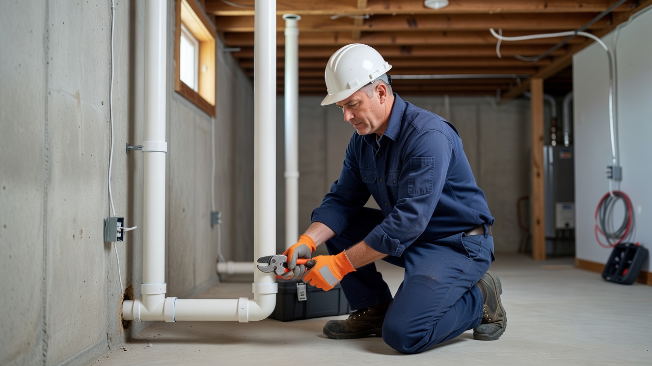 radon mitigation technician installing PVC vent pipe basement