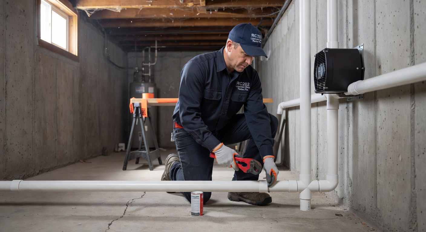 radon mitigation technician installing PVC pipe basement