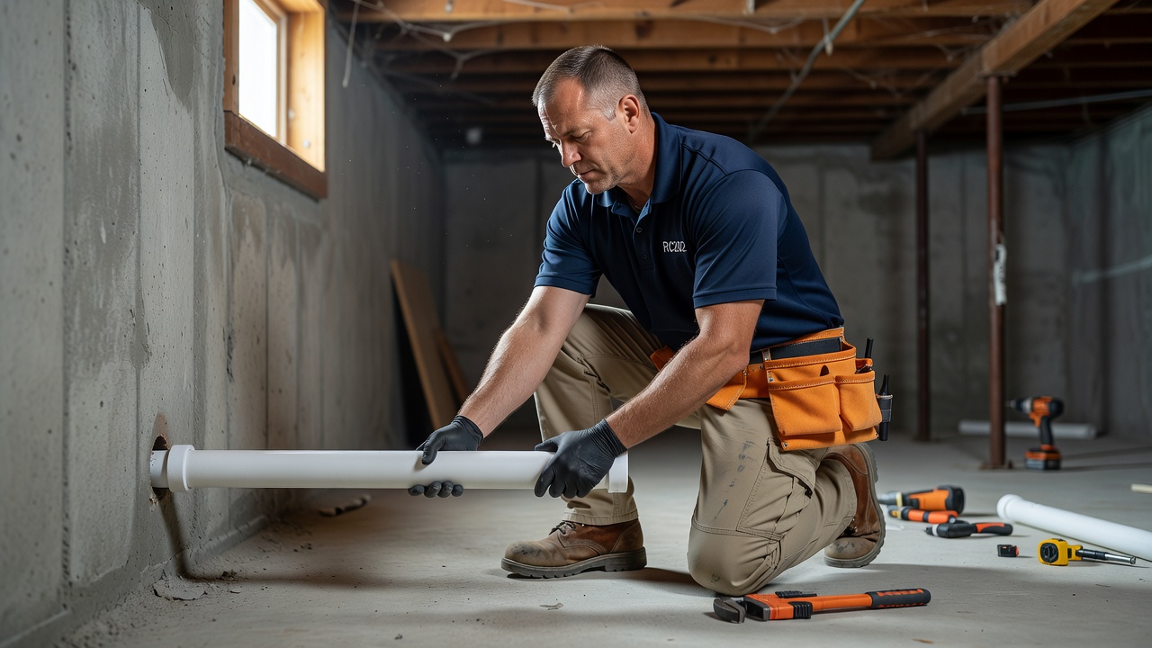 radon mitigation technician installing PVC pipe Brookville Ohio