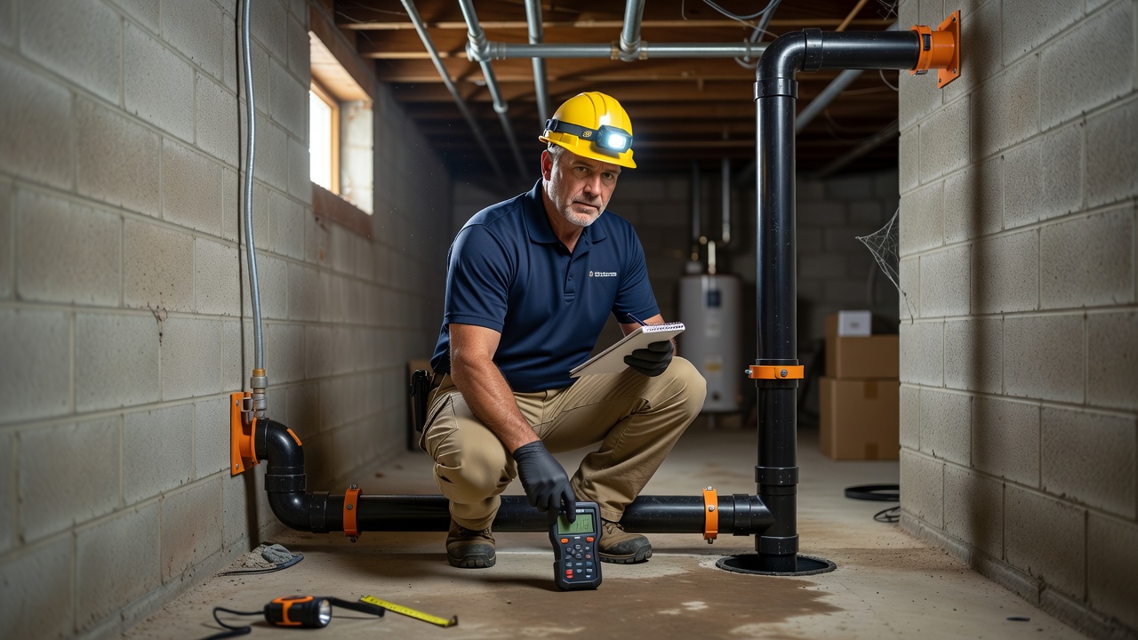 radon mitigation technician inspecting basement Ohio