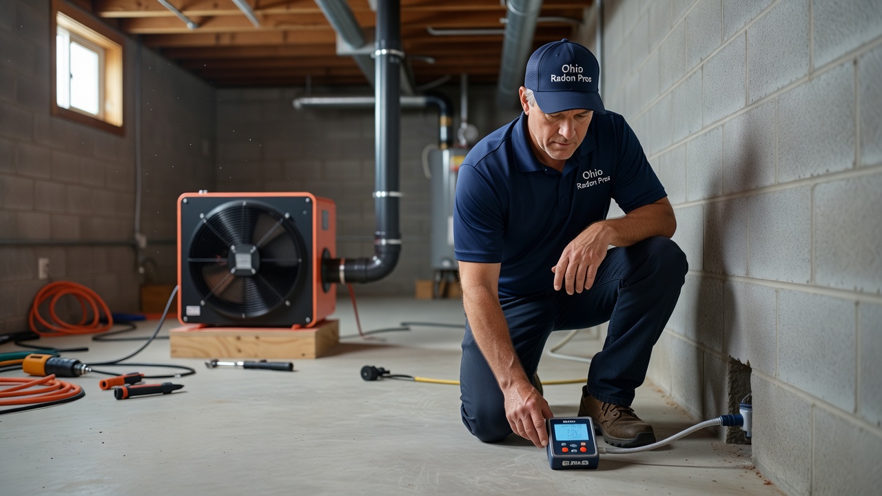 radon mitigation technician inspecting home Ohio