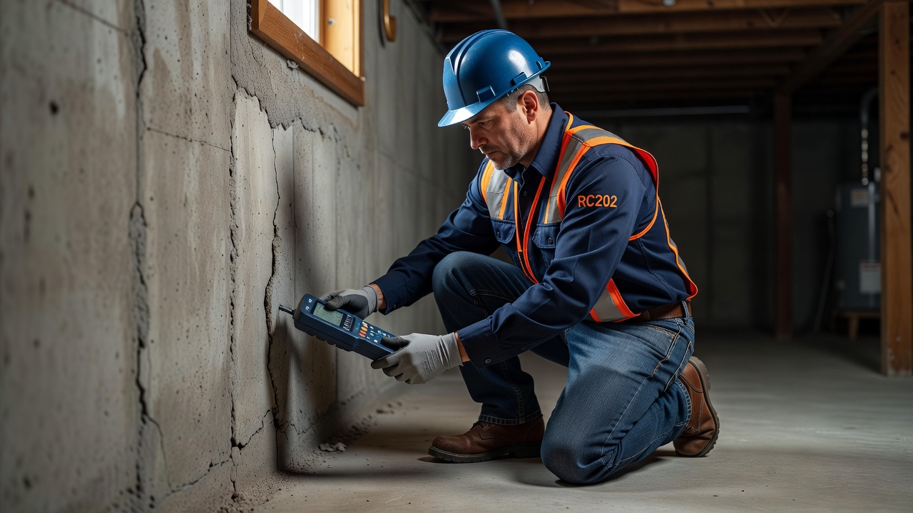 radon mitigation technician inspecting basement foundation