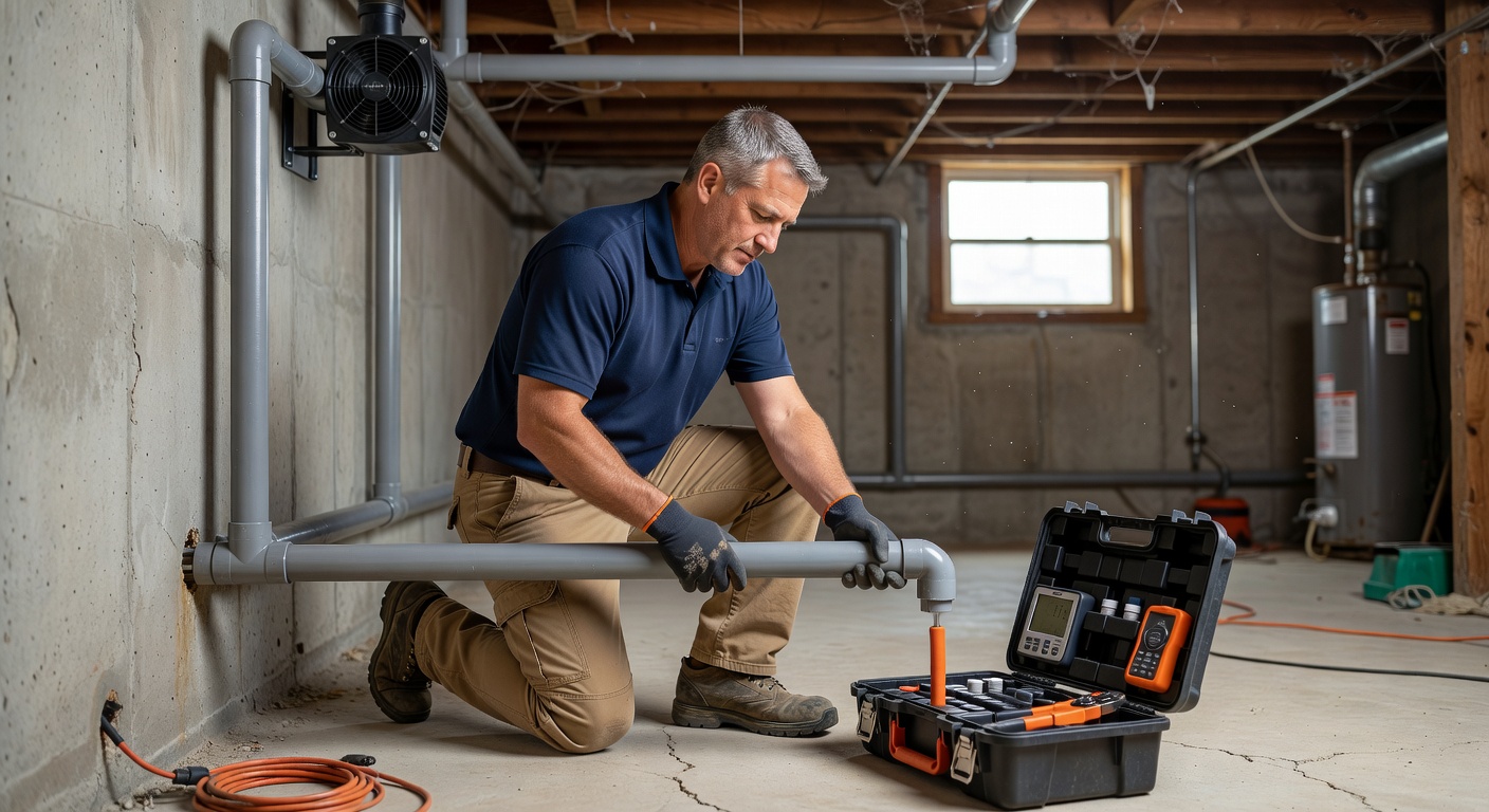 radon mitigation technician installing PVC pipe