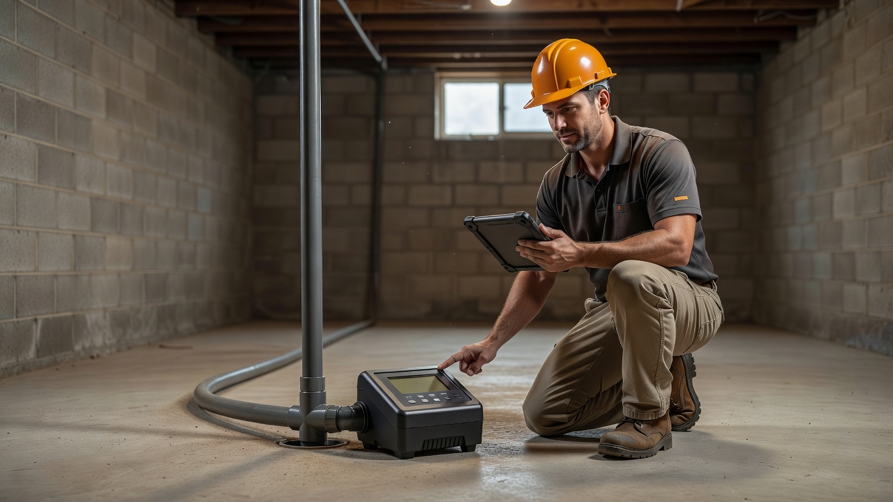 continuous radon monitor device on basement floor
