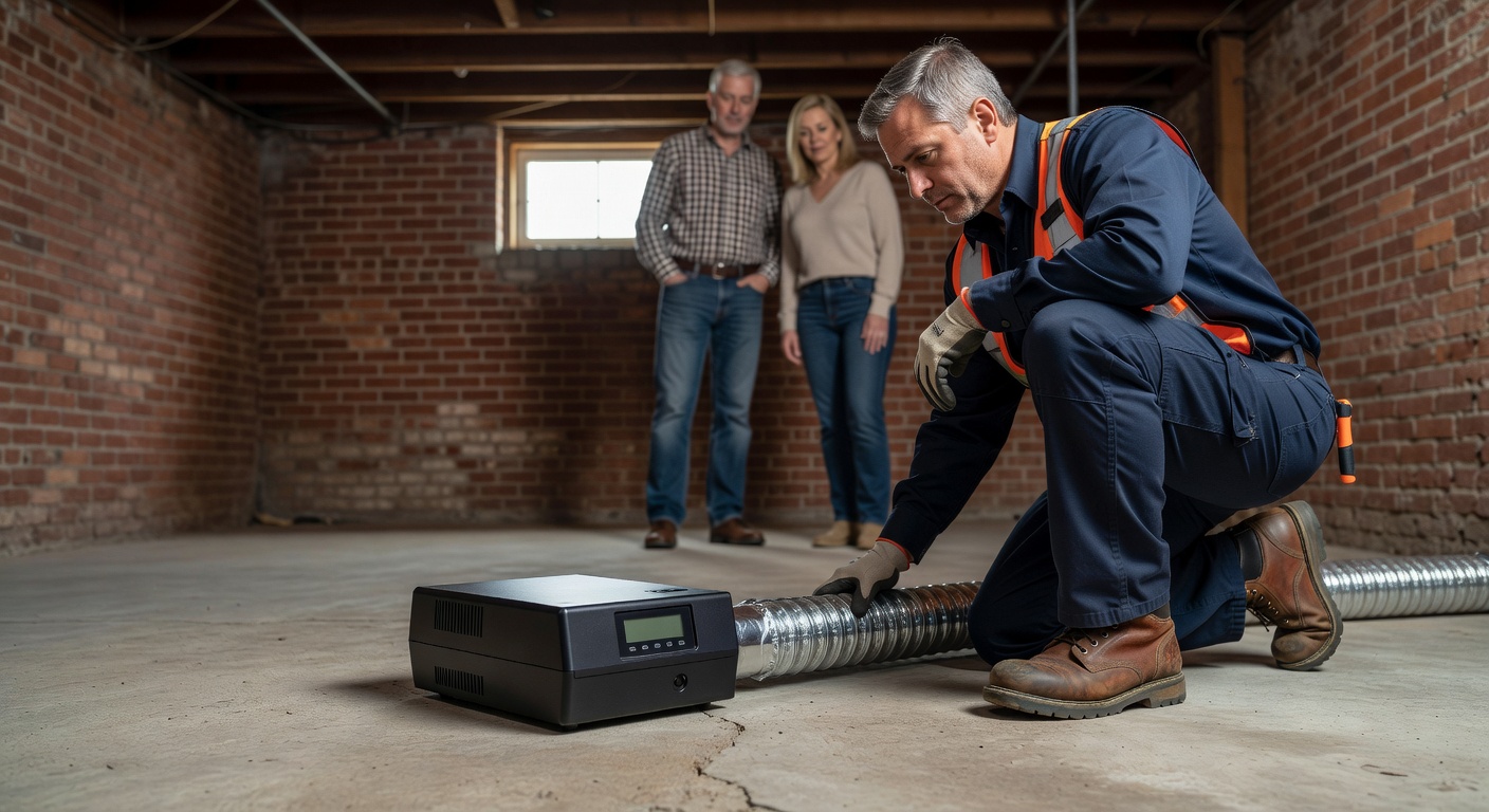 continuous radon monitor device on basement floor