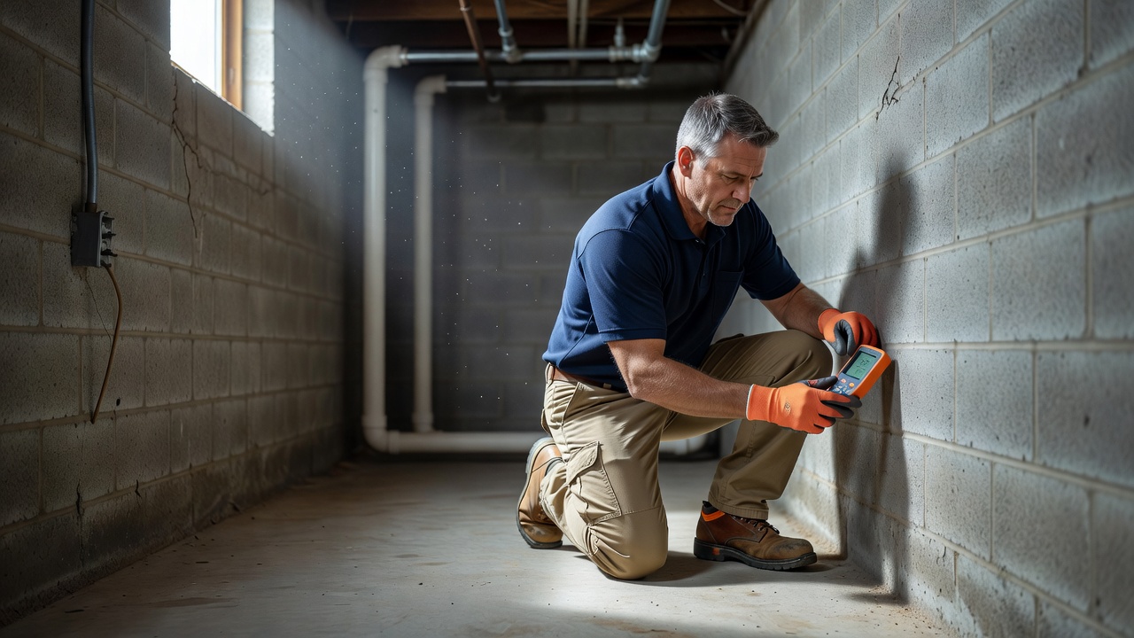 radon mitigation contractor inspecting basement foundation