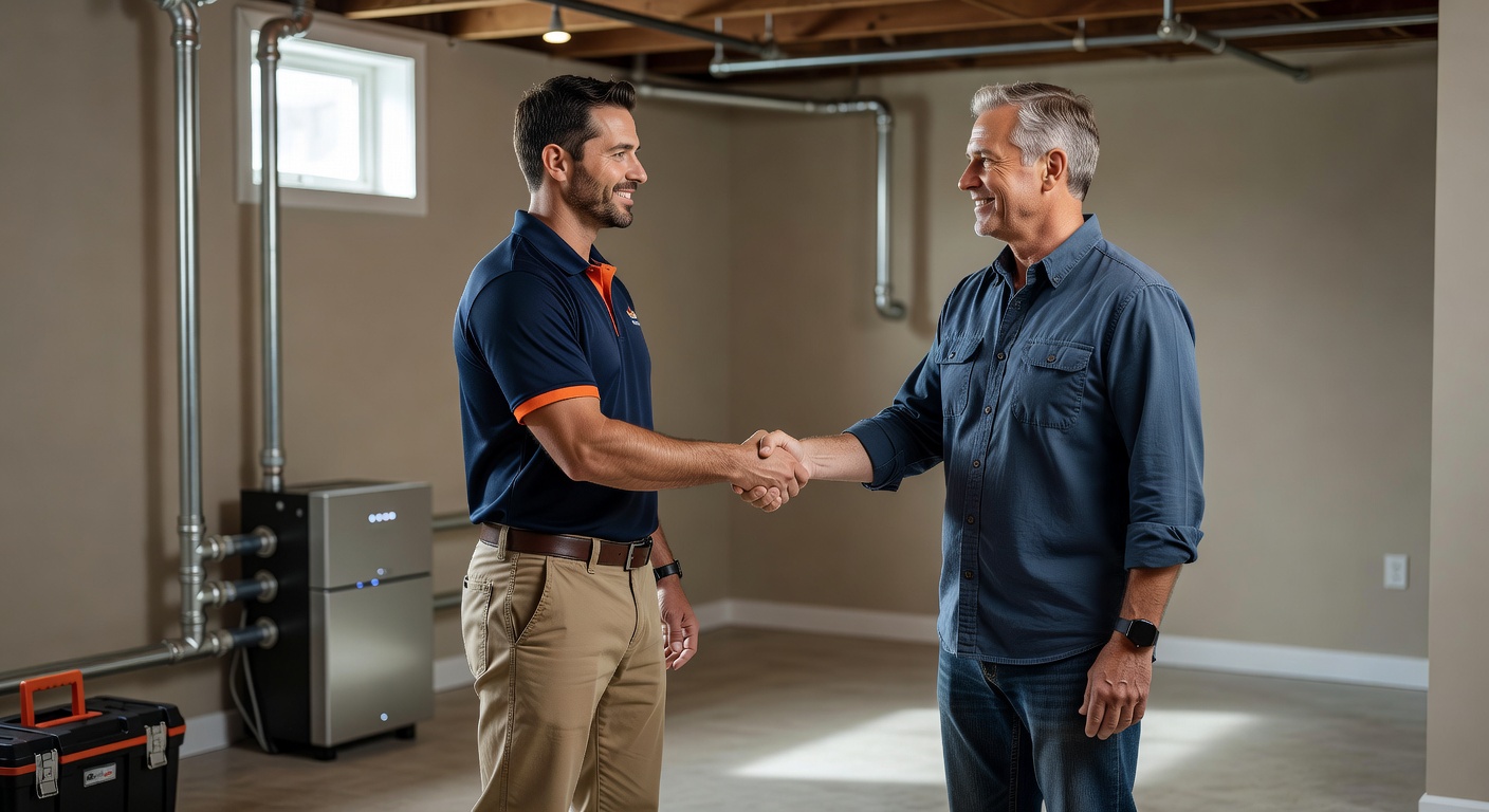 radon mitigation professional shaking hands with Ohio homeowner