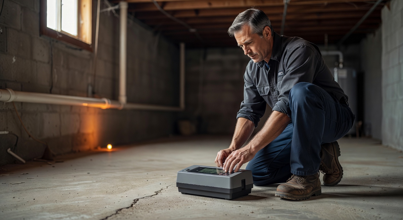 continuous radon monitor device on basement floor