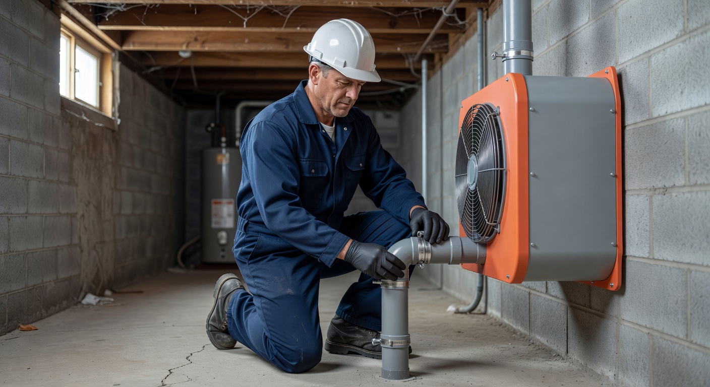 radon technician installing mitigation fan basement