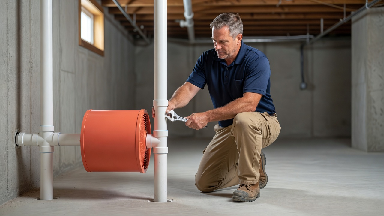 radon mitigation fan PVC pipe basement installation