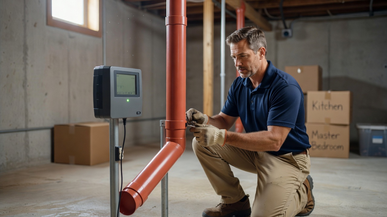 continuous radon monitor device installed in residential basement