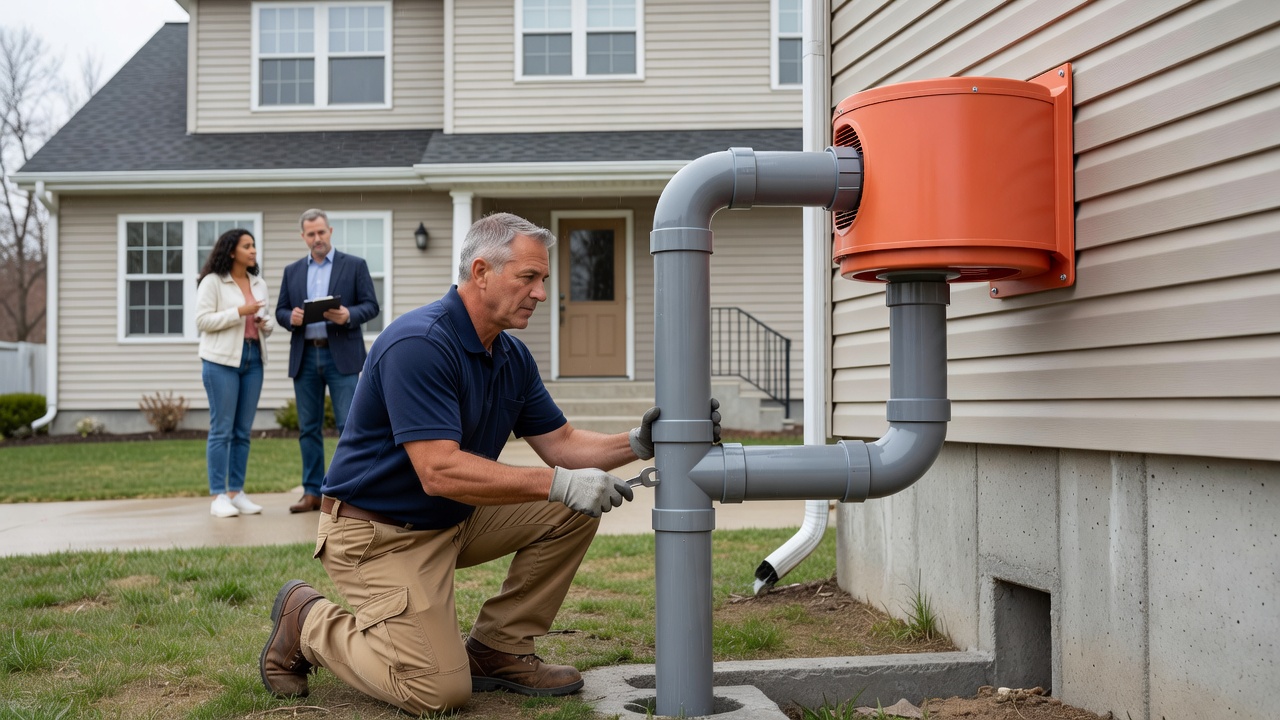 radon mitigation fan PVC pipe exterior home installation