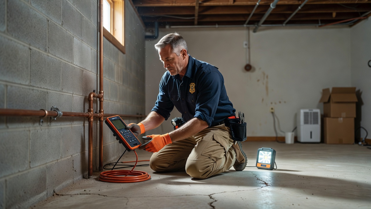 radon mitigation technician inspecting basement Ohio home