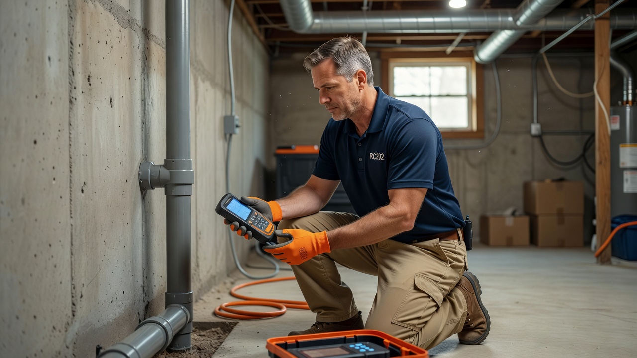 licensed radon technician inspecting basement