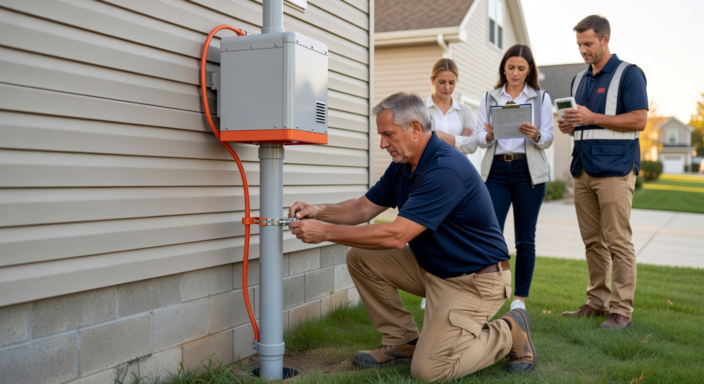 radon mitigation pipe and fan installation residential home exterior