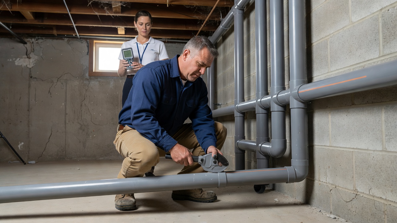 radon mitigation technician installing PVC vent pipe Ohio