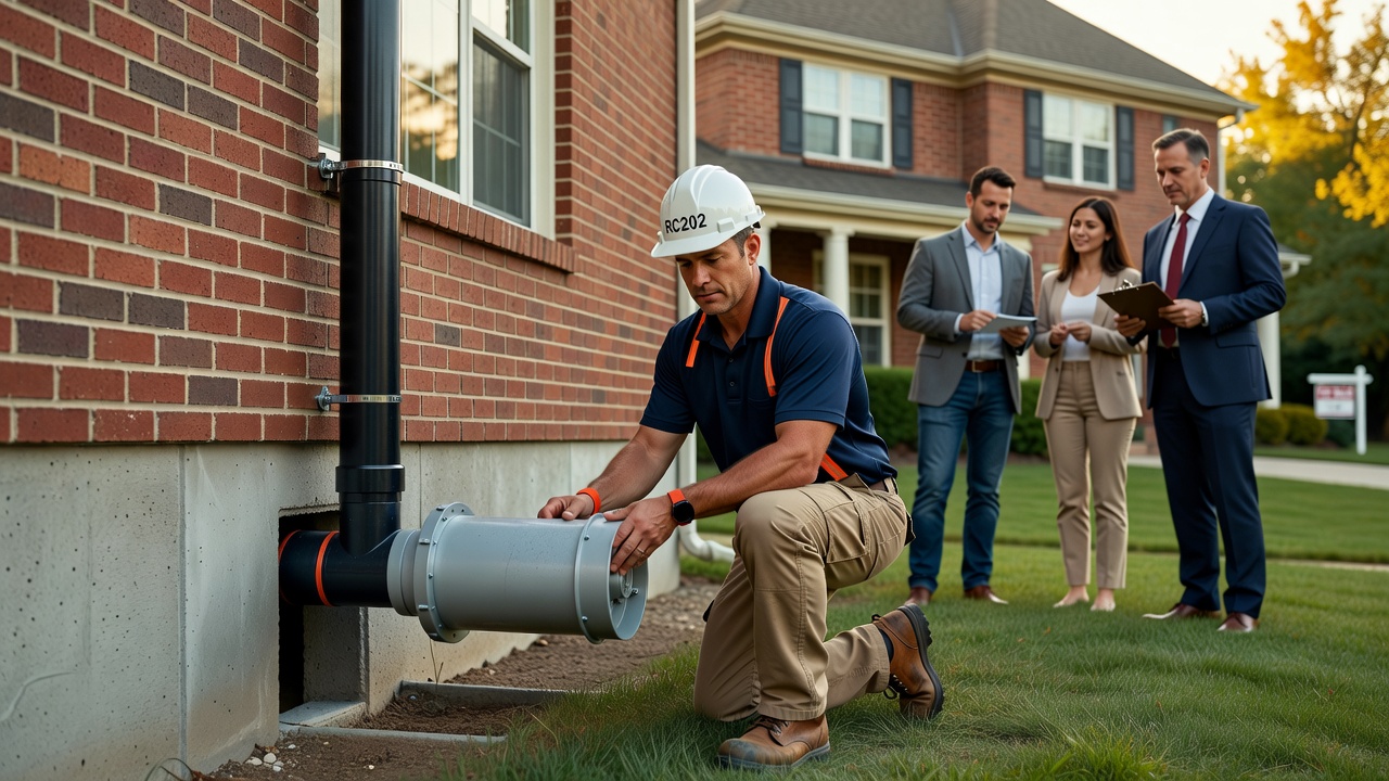 radon technician installing mitigation fan Ohio house exterior