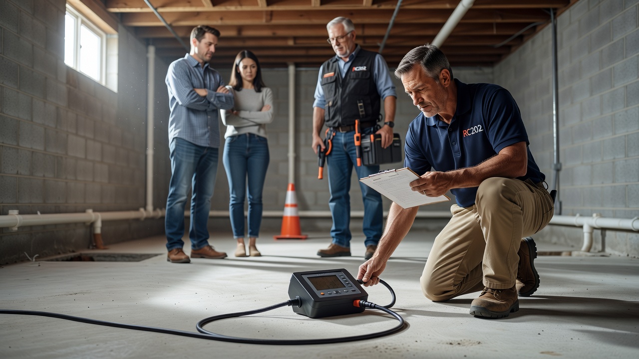 continuous radon monitor device on basement floor