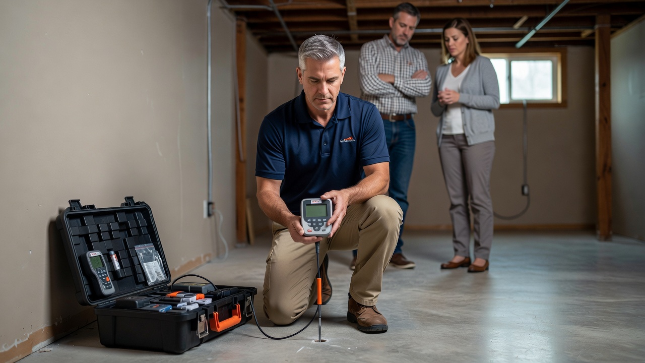 radon technician testing equipment basement inspection