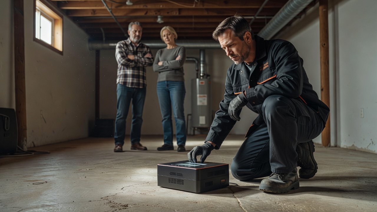 continuous radon monitor device on basement floor
