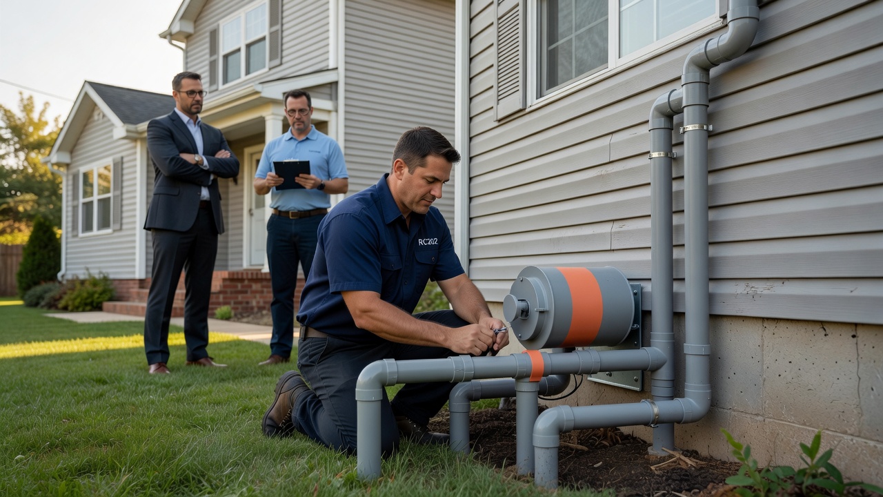 radon mitigation fan PVC pipe exterior installation house