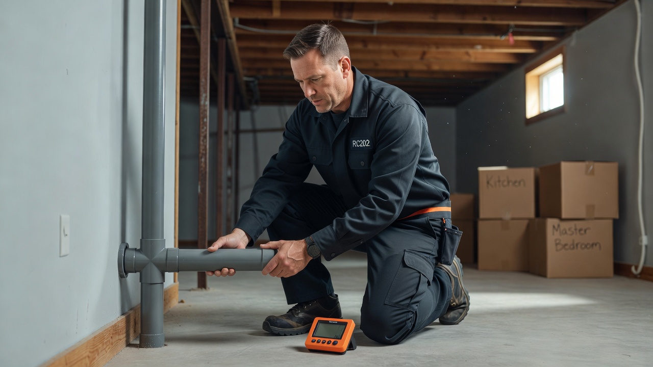 radon mitigation technician installing PVC pipe basement