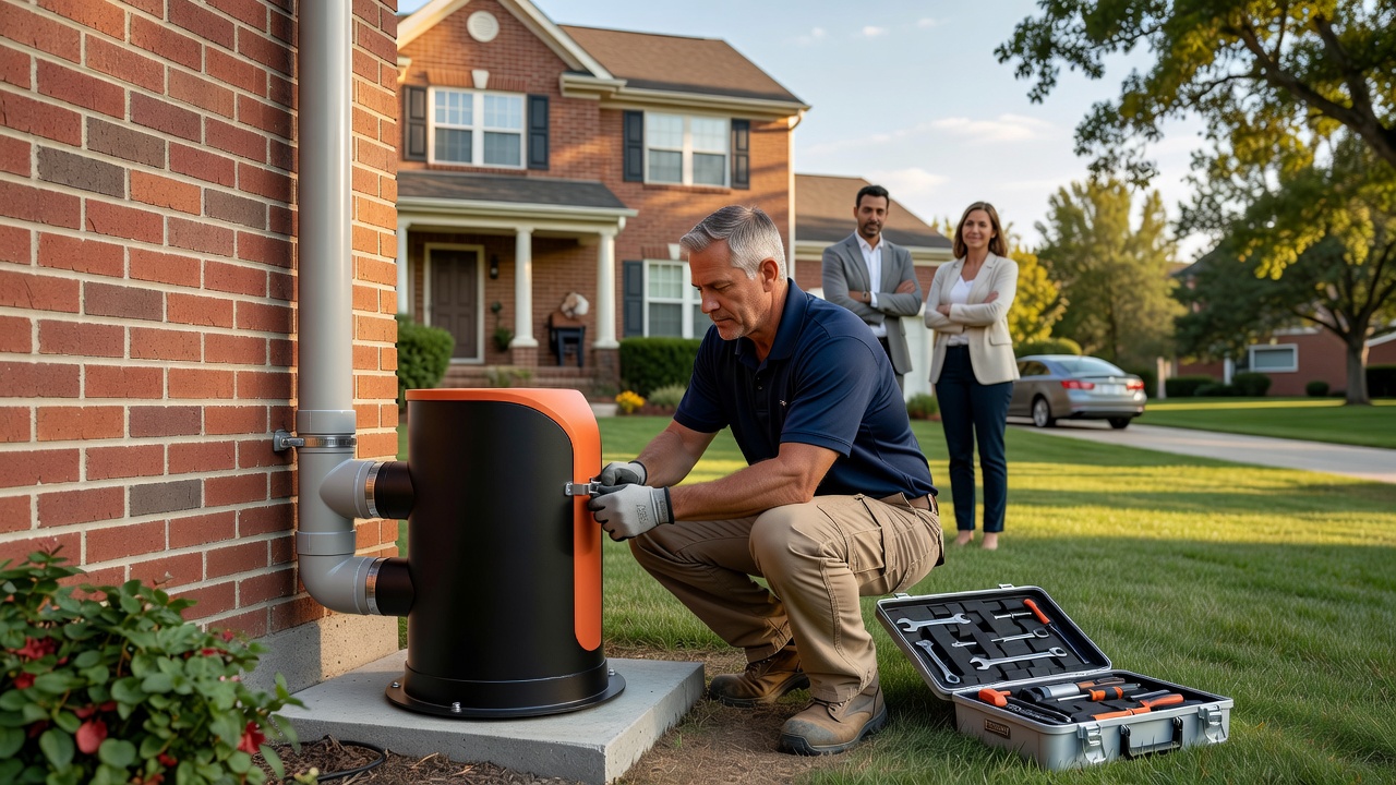radon technician installing mitigation fan exterior home