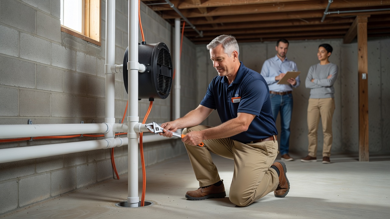 radon mitigation system PVC pipe basement installation