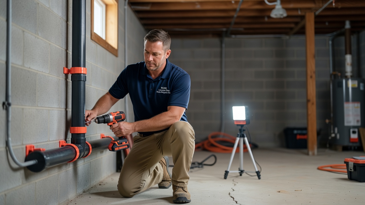 radon mitigation technician installing system basement Ohio