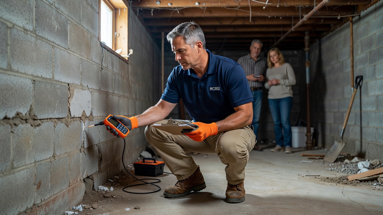 licensed radon technician inspecting Ohio basement foundation