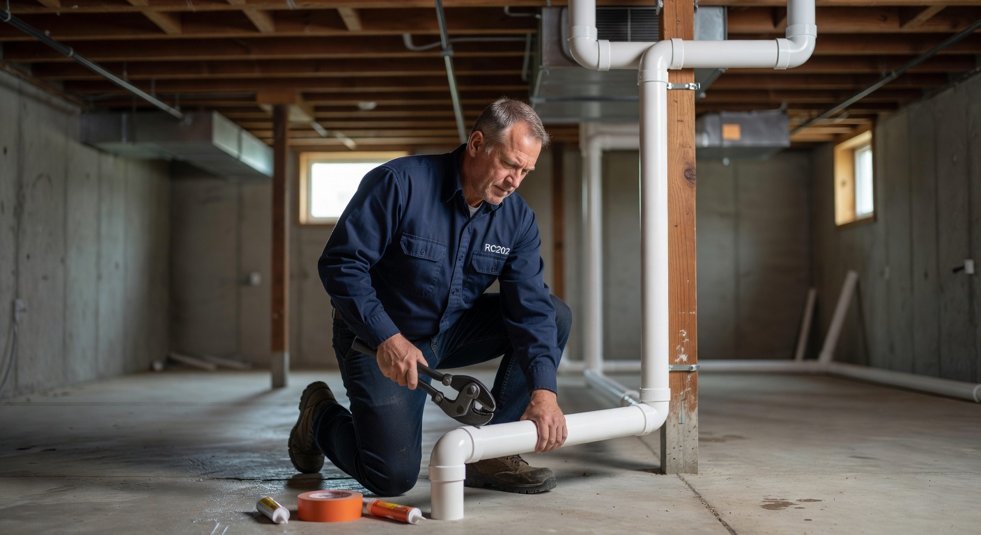 radon mitigation technician installing PVC vent pipe basement