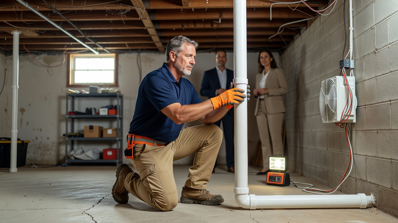radon mitigation technician installing PVC pipe basement