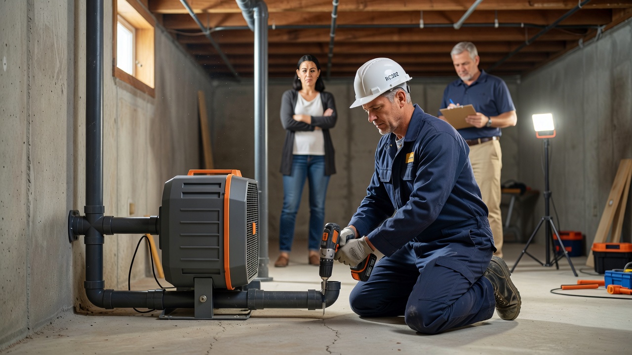 licensed radon mitigation technician installing system basement Ohio home