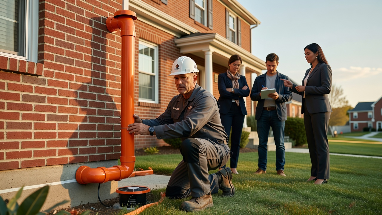 radon technician installing PVC pipe exterior home Ohio