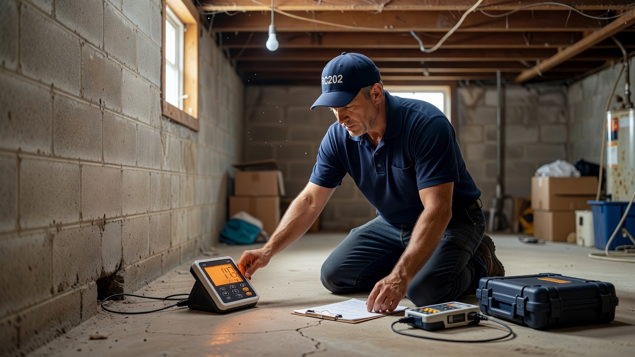 radon technician inspecting basement Ohio home